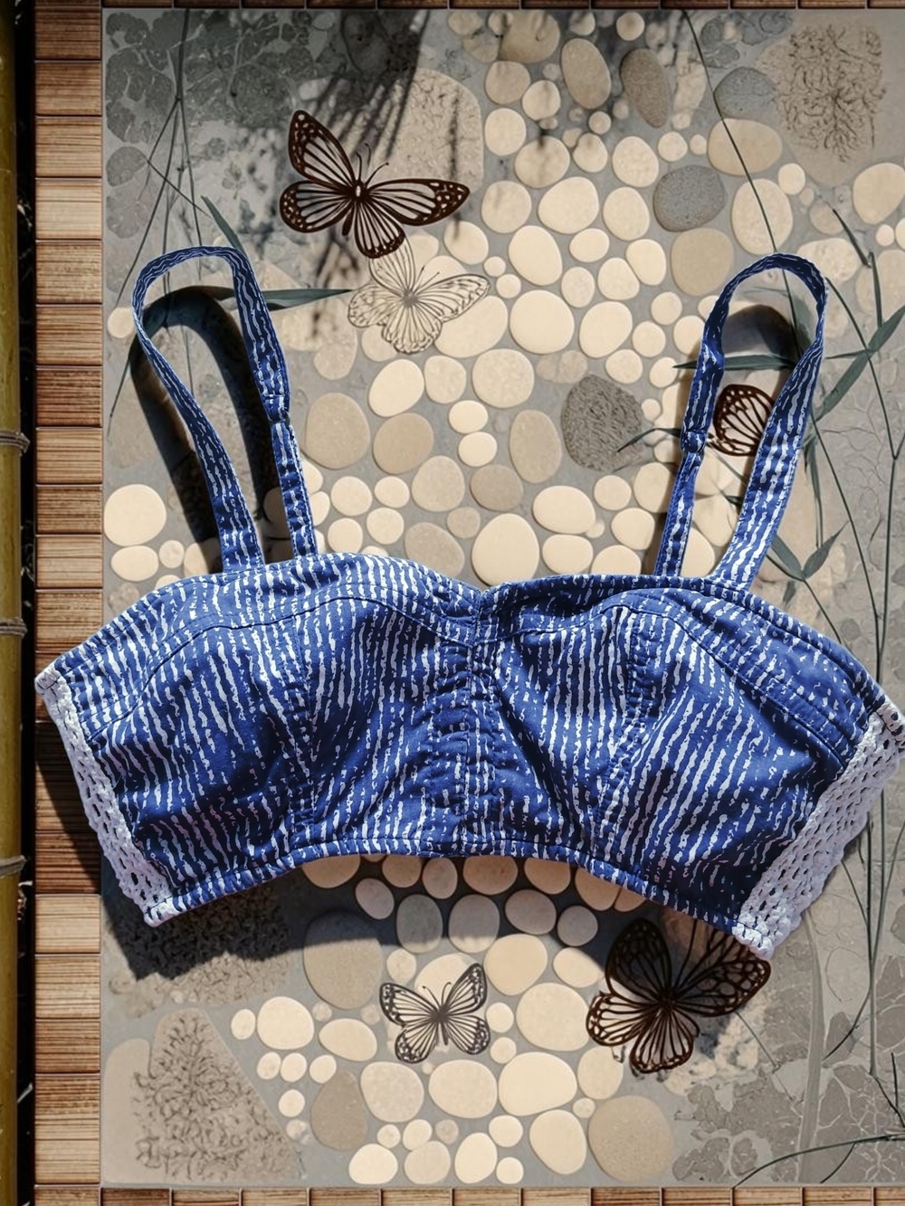 Hollister 100% Cotton Faria Navy and White Smocked Back Bandeau Corset Top